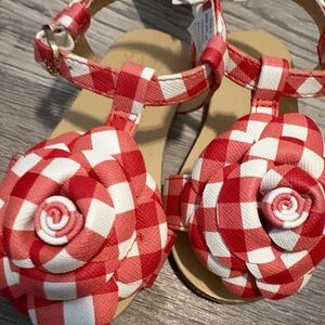 Janie and Jack Red and White Gingham Sandals with Floral Accents